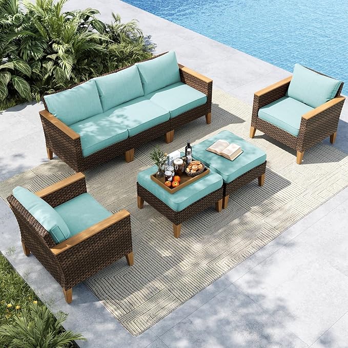 MFSTUDIO 7 Piece Extra Large Wicker Patio Furniture Set, 2 x Single Chair, 2 x Ottoman, 3-Seat Sofa, All-Weather Outdoor PE Rattan Patio Conversation Set for Garden, Backyard(Aqua Blue Cushions)
