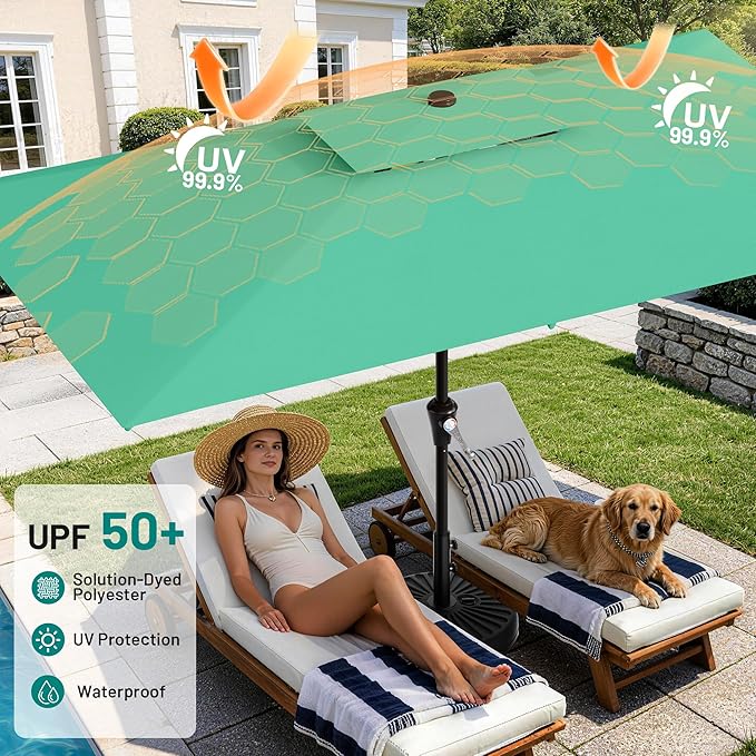 AreShark 6.5'x10' 2 Tiers Rectangular Patio Umbrella - Outdoor Umbrella Waterproof UV Protection, Market Table Umbrella w/Push Button Tilt for Pool, Lawn, Balcony(Turquoise)