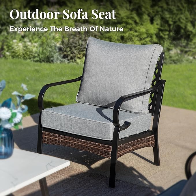 Patio Furniture Set with Coffee Table, Outdoor Conversation Set with 2 x Fixed Chairs, 1 x 3-Seat Sofa for Lawn Garden Backyard, Grey