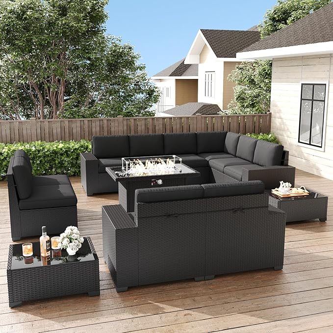 LayinSun 13 Pieces Patio Furniture Set with Fire Pit Table, Black Rattan Modular Sectional Patio Conversation Sofa Set