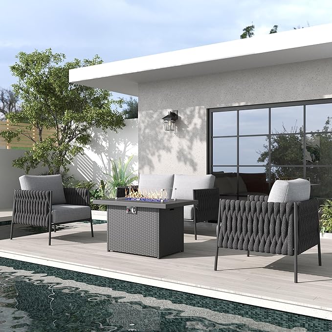 LayinSun 4 Piece Outdoor Furniture Set with Fire Pit Table, Modern Rope Woven Patio Conversation Sofa Set with Olefin Braid and Deep Seating