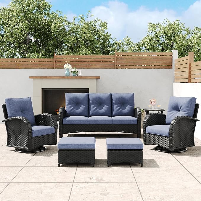 6 Pieces Outdoor Wicker Patio Swivel Rocking Chairs, All Weather Wicker Conversation Set with Side Table