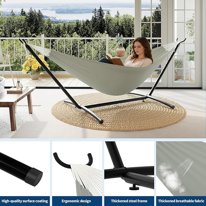 Double Hammocks with Stand for Outside, Portable Space Saving Heavy-Duty Steel Stand for Indoor Outdoor Patio with Carrying Bag, 450 lbs Capacity