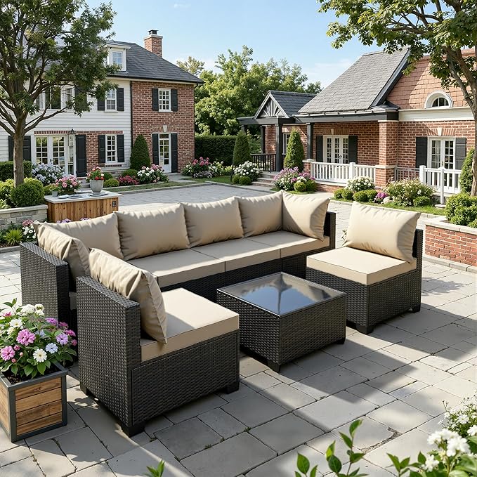 WWR Patio Furniture Set - All-Weather,Water-Resistant - 7 Piece Patio Wicker Rattan Sectional Sofa, Modular Outdoor Conversation Set for Backyard, Garden, Poolside, Balcony, Brown/Khaki Gray