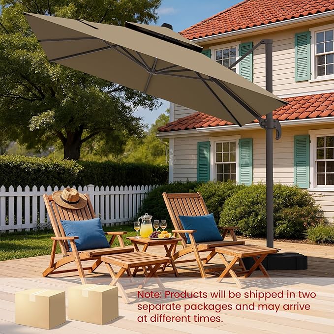 HASLE OUTFITTERS 9x12 FT Patio Cantilever Umbrella with Base, Outdoor Offset Large Rectangular Heavy Duty Double Top Umbrellas with 360° Rotation for Pool Garden Deck，Tan