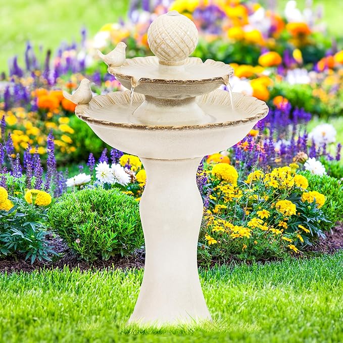 Sunnydaze 27" H 2-Tier Ceramic Water Fountain - Outdoor Water Feature for Patio, Yard, Balcony - Garden Fountain - White