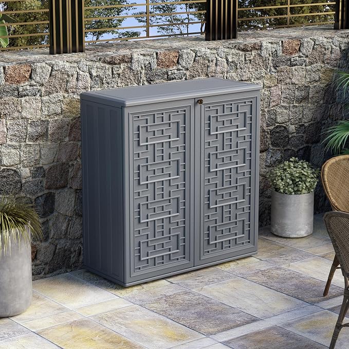Mrosaa Indoor Outdoor Storage Cabinet Waterproof with Shelf,Plastic Storage Sheds Outdoor Cabinets for Patio/Garden/Backyard, Size 34.3''L*15''W*36.2''H（Gray）