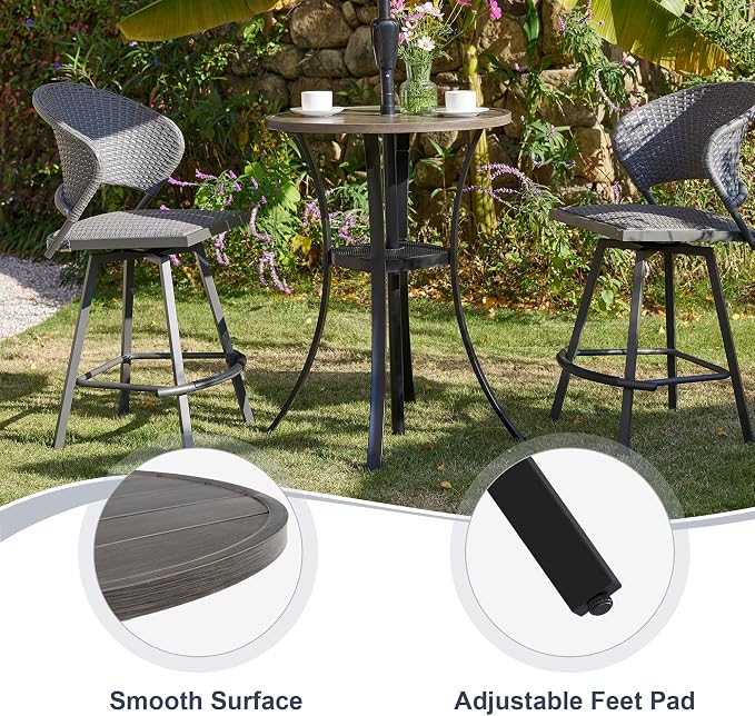 VICLLAX Patio Bar Height Table, Round Outdoor Bar Table with Umbrella Hole, 27.6" Grey