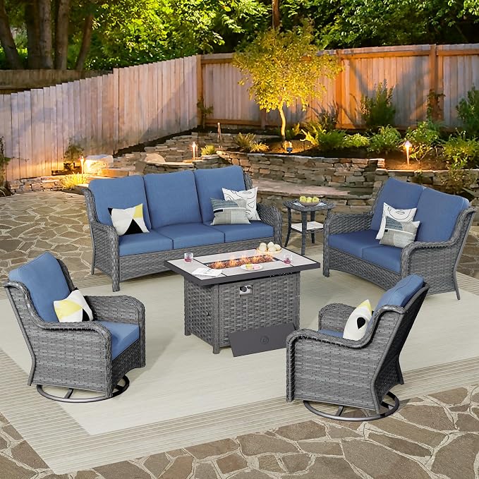 ovios 6 Pieces Patio Furniture Set with 42 inch Fire Pit Table, Outdoor Wicker Sofa Couch Loveseat, Swivel Rocking Glider Chairs, Modern Conversation Set, Grey Rattan, Denim Blue