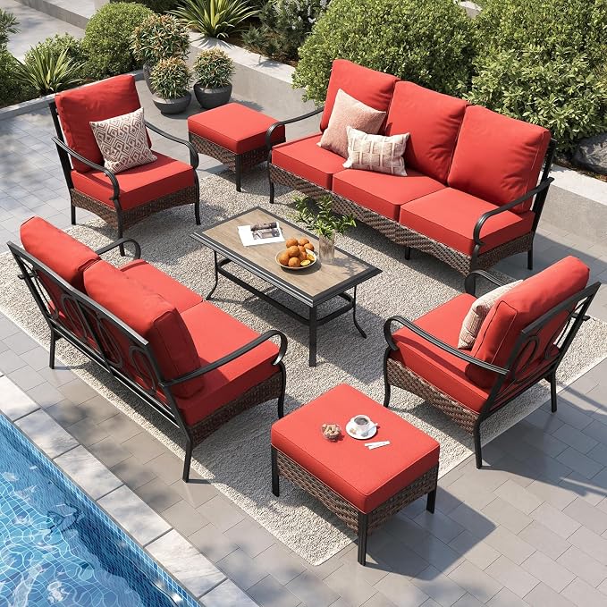 PHI VILLA Patio Furniture Set, Extra Large Wicker & Metal Outdoor Conversation Set Patio Sectional Sofa Set with Fixed Chair & Waterproof Thick Cushions for Porch, Poolside, Deck(7 Pieces, Red)
