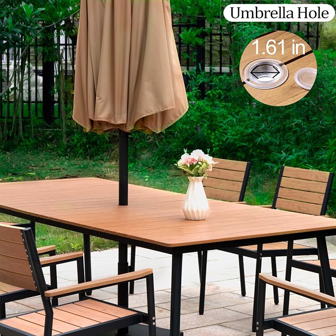 7-Piece Outdoor Dining Set for 6 Person with Teak Wood-Grain Top | Armless Stackable Chairs with 19.4" Seat Depth, Aluminum Frame Dining Furniture with Umbrella Hole for Deck, Porch & Backyard