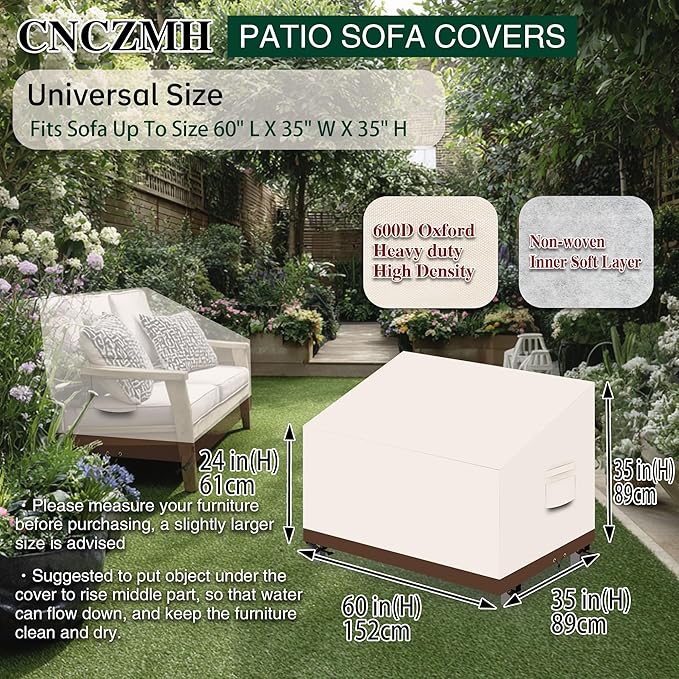 Heavy Duty Patio Sofa Covers Waterproof, Outdoor 3-Seater Couch Cover Waterproof, 600D Outdoor 2-Seater Loveseat Furniture Covers with Air Vent Handle 60''W x 35''D x 24''H/ 35''H Beige Brown
