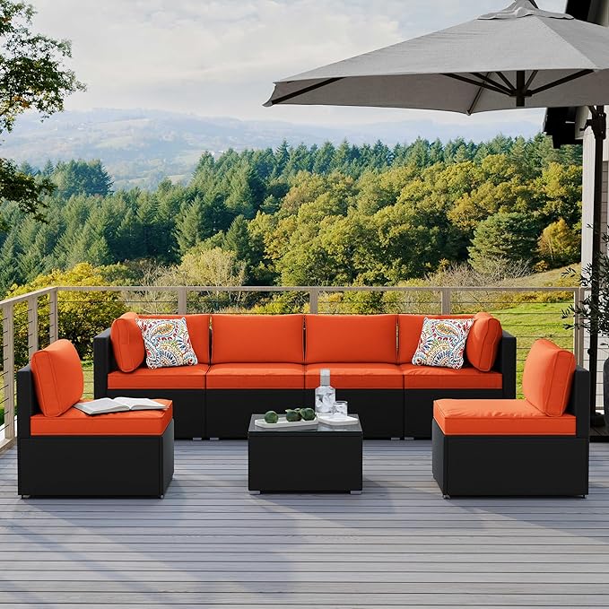 7-Piece Outdoor Patio Furniture Set – Handwoven All-Weather Rattan & 4” Thick Waterproof Cushions, Wicker Outdoor Conversation Sets with Coffee Table for Deck, Backyard, Garden, Black/Orange