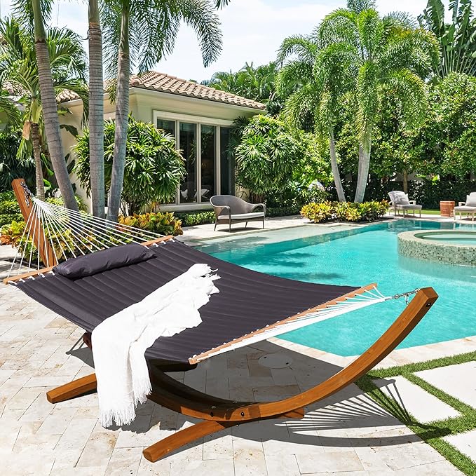 Lazy Daze Hammocks 12 FT Double Quilted Fabric Hammock and 13 FT Brown Wood Arc Stand, with Spreader Bar, Removable Pillow, 2 Person Hammock for Poolside Outdoor Patio, 450 lbs Capacity, Dark Gray