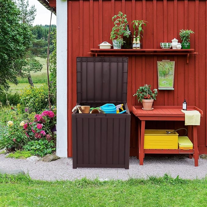51Gallon Small Deck Box,Waterproof Plastic Lockable Indoor/Outdoor Storage Container and Seat for Patio Cushions and Gardening Tools,Store Items on Patio, Garage, Yard (Brown)
