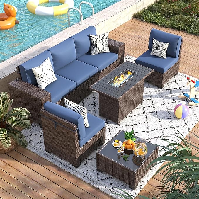7 Piece Patio Furniture Set with Fire Pit Table, Outdoor Conversation Sets Wicker Rattan Sectional Sofa with Coffee Table for Patio Garden Backyard, 4'' Thickened Cushion Navy Blue