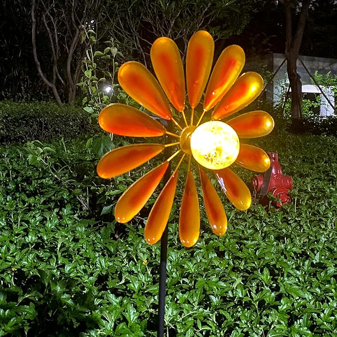 Solar Daisy Garden Wind Spinner, 44.48 Inch, Metal Stake Yard Wind Spinner with Solar-Powered Warm White LED Glass Globes and Dynamic Spinning Windmill for Yard Decor. Orange