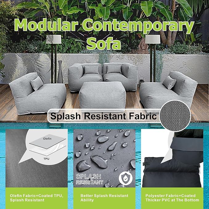 Patio Furniture Set Bean Bag 5 Pieces Outdoor Chairs Sectional Conversation Patio Set Daybed Furniture Outdoor Sofa Couch High Density Foam Filling Modern Comfy Patio Couch, Dark Gray