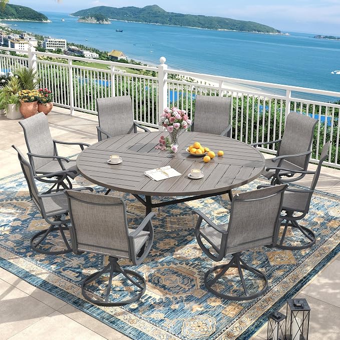 Outdoor Dining Set for 8, 63.1" Metal Round Outdoor Dining Table with Umbrella Hole and Sling Patio Swivel Chairs, 9 Pieces Patio Table and Chairs Set for Garden Backyard, Grey
