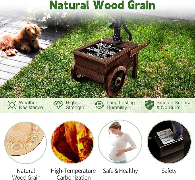 OIPRTGFJ Outdoor Water Fountain,Cute Floor Wooden Wagon Pump Old-Fashioned Fountain with Flower Box,Electric Decorative Hand Pump, Outdoor Water Feature for Garden Patio Backyard(Electric Wagon Pump)