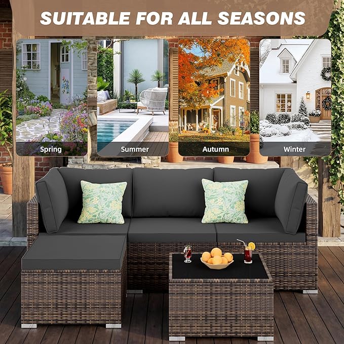 5 Piece Patio Furniture Sets, All-Weather PE Rattan Wicker Outdoor Sectional Sofa with Cushions and Glass Table for Garden Backyard Poolside