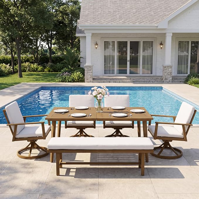 6-Piece Outdoor Table Set with Swivel Chairs & Bench, 6-Person Outdoor Rectangular Dining Table with Umbrella Hole, Faux Wood Grain Patio Table Set with Chairs for Garden Backyard Proch, Teak