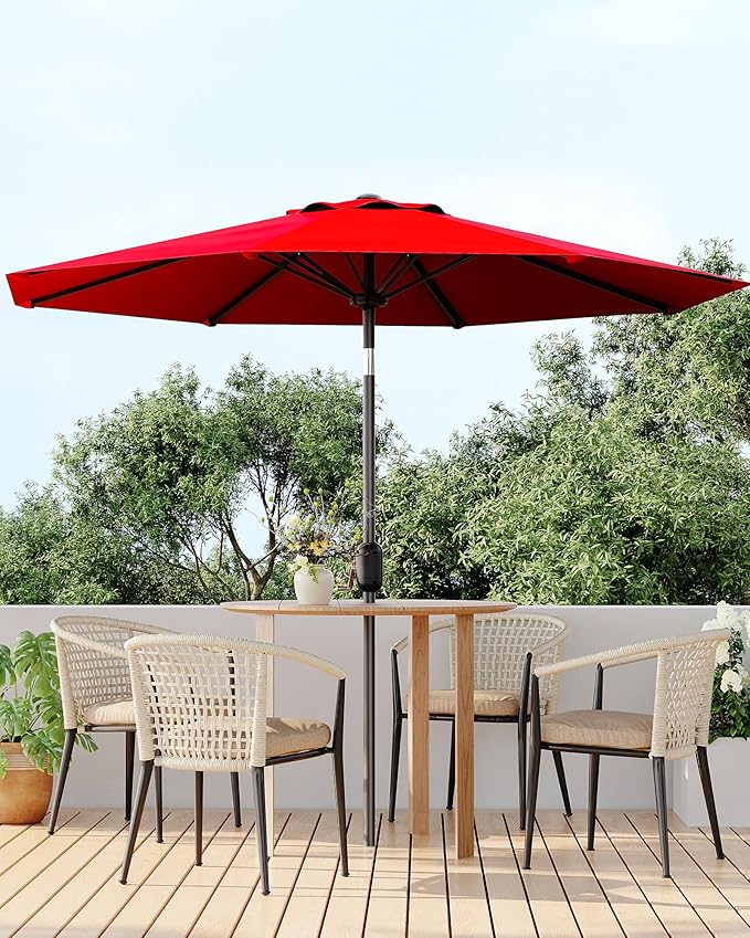 GarveeLife 9 ft Patio Umbrella, Outdoor Table Market Umbrella with Push Button Tilt and Crank, 8 Sturdy Ribs UV Protection Waterproof for Garden, Deck, Backyard, Pool (Red)