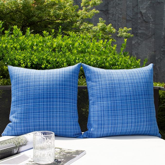 Kevin Textile Outdoor Waterproof 24x24 Inch Pillow Covers 2 Pack, Blue | Water Resistant, Faux Linen Yarn-dyed, Woven Texture Euro Throw Pillow Covers for Tent Patio Garden Couch Sofa