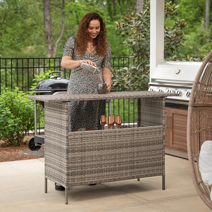 Flash Furniture Marco Indoor/Outdoor Patio Bar Counter Table, All-Weather Wicker Rattan Pattern, 2 Shelves, Gray