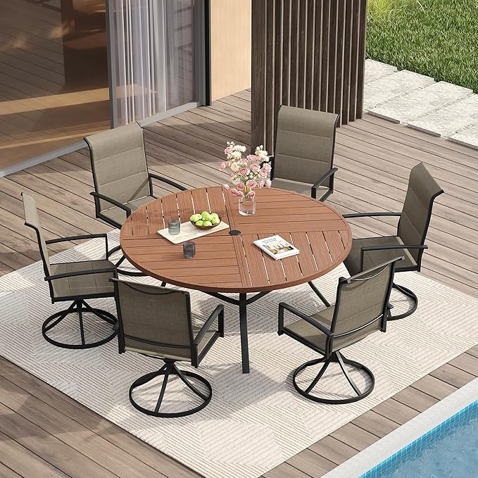 VICLLAX Patio Dining Set for 6, 6 Seats Outdoor Furniture Includes 50.1" Round Patio Table and Swivel Padded Chairs, Walnut Tabletop and Mixed Brown Fabric