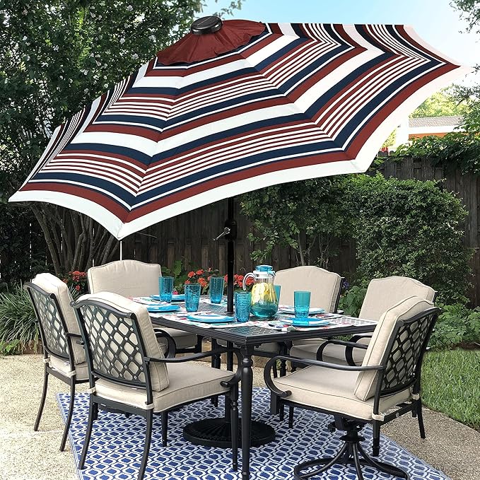 9' Round Patio Umbrella with 32 Solar Powered LED Lights, Push-Button Tilt and Hand Crank Lift, Solar Lighted Umbrella in Scarlet Stripe for Patio, Porch, and Backyard by Sun-Ray