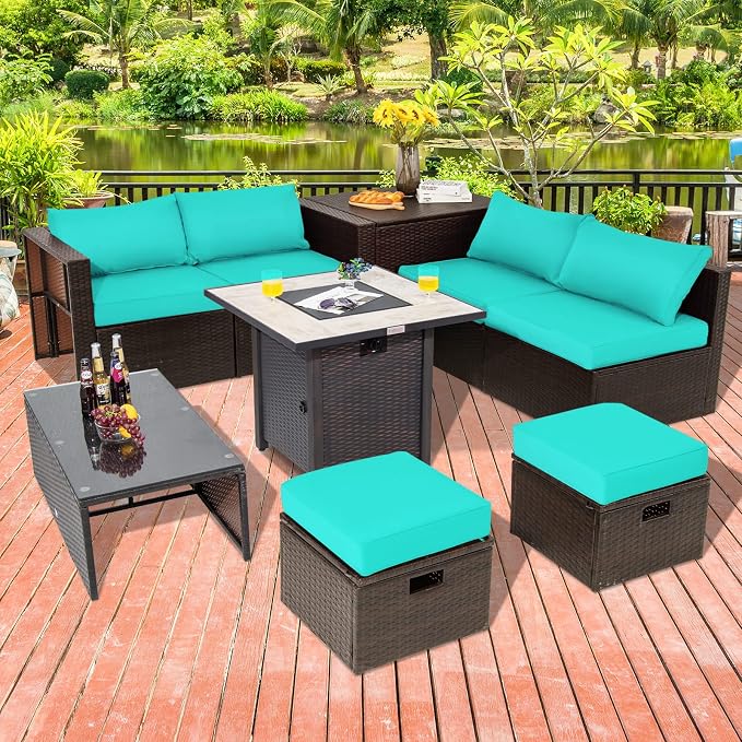 COSTWAY 9 Piece Patio Furniture Set with 30'' Fire Pit Table, Outdoor Wicker Rattan Sectional Sofa Set with 4'' Thickened Cushions, 2 Coffee Tables and 2 Ottomans for Poolside Backyard (Turquoise)