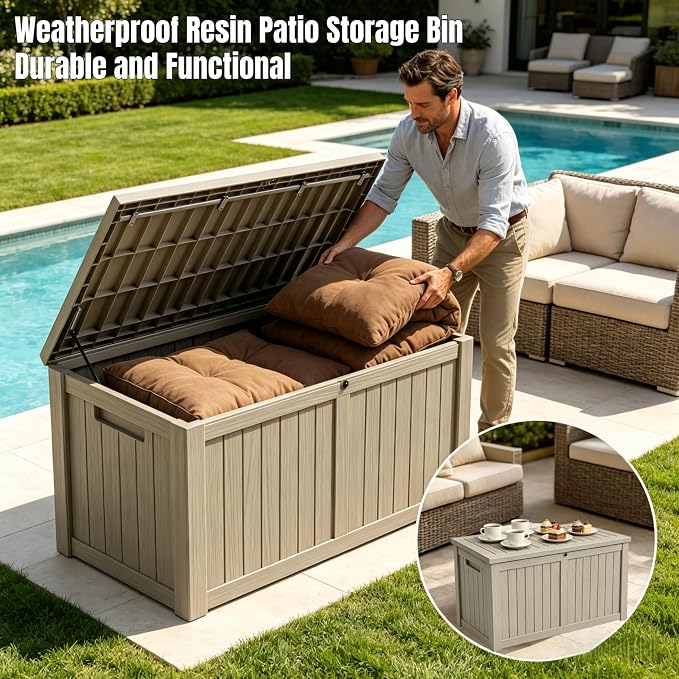 178 Gallon Large Resin Outdoor Storage Box, Waterproof Deck Box, Lockable Deck Container with Reinforced Support, Outdoor Chest for Patio Accessories, Outdoor Cushions, Garden Tools, Taupe Gray