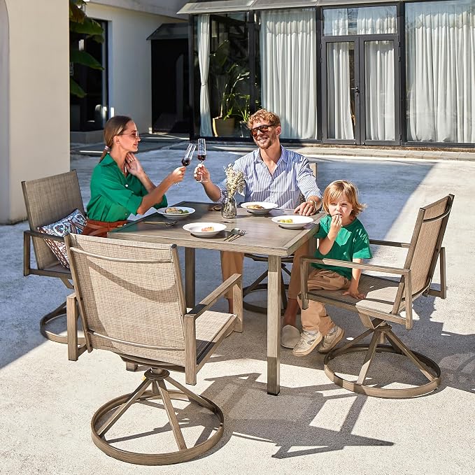 NATURAL EXPRESSIONS 5 Piece Outdoor Patio Dining Set with 4 Swivel Dining Chairs & 38'' Square Woodgrain Dining Table, Gray Textilene Mesh Fabric Chair for All Weather Deck Lawn Garden