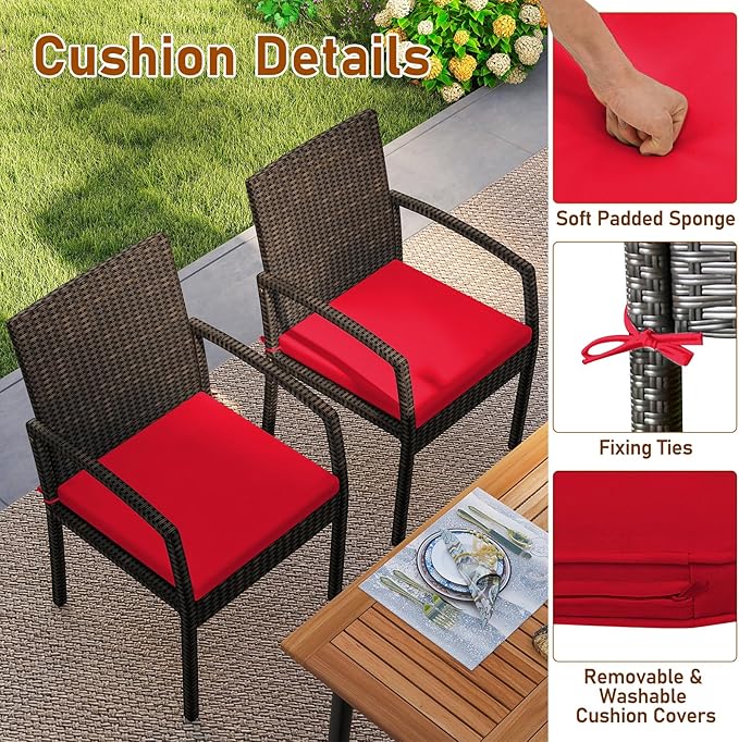 Tangkula 7 Pieces Outdoor Dining Set, Patio Acacia Wood Table and PE Rattan Chairs with Soft Cushions and 2” Umbrella Hole for Deck, Garden and Backyard
