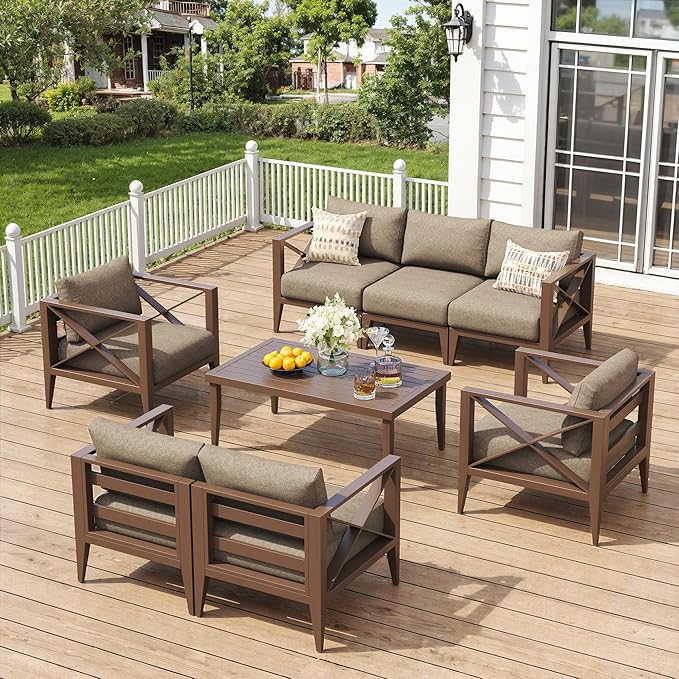 8-Piece Aluminum Patio Furniture Set, Oversized Outdoor Conversation Sofa Set with Coffee Table, Brown All-Weather Deep Seating, Rust-Proof Frame for Backyard, Deck, Porch, or Balcony