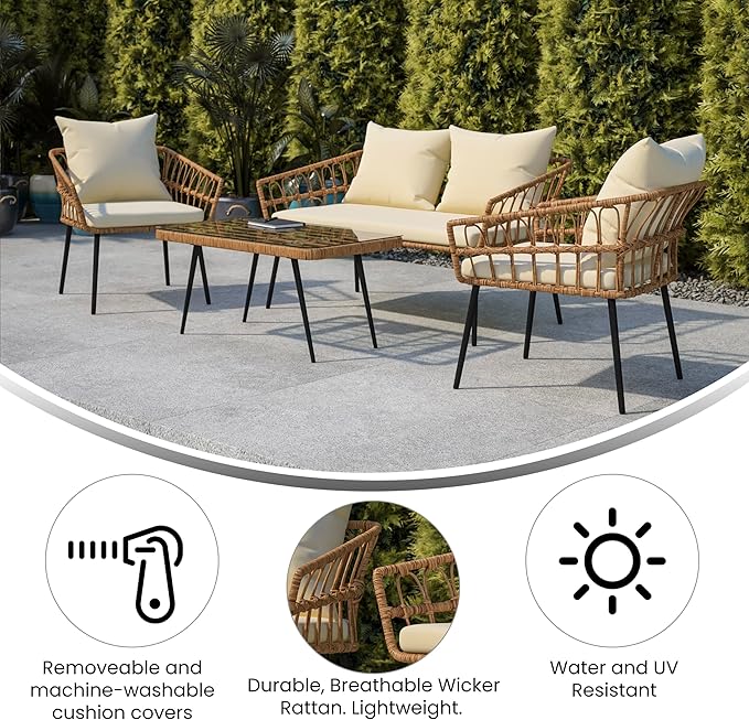 Flash Furniture Evin Boho 4 Piece Patio Conversation Set - Natural Rope Rattan - Cream All-Weather Cushions - Tempered Glass Top Coffee Table - Indoor/Outdoor