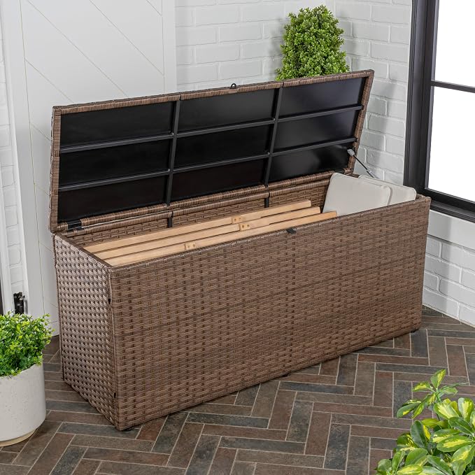 Eyely KRT1001B Elio 47.24" Modern Minimalist Outdoor Faux Wicker Deck and Patio Storage Box, Brown