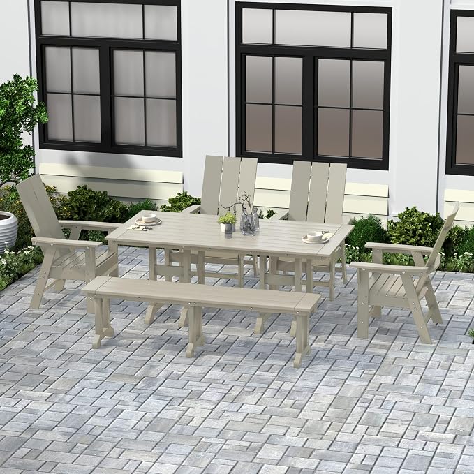 WestinTrends Ashore 6 Pieces Adirondack Patio Dining Set with Bench, All Weather Poly Lumber Slatted Outdoor Furniture Set, 71" Trestle Table and 4 Adirondack Chair and Outdoor Bench, Sand