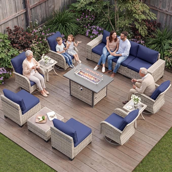 13-Piece Outdoor Patio Furniture Set with Rocking Swivel Chair, PE Wicker Rattan Sectional Sofa Patio Conversation Set with 55,000 BTU Fire Pit Table & Chunky Arms, Navy Blue
