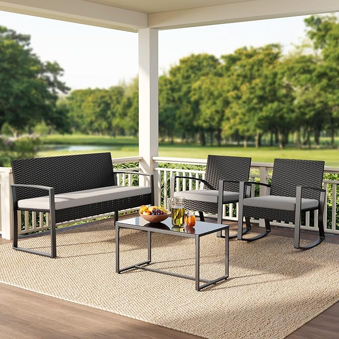 Ahomly 4 Piece Outdoor Patio Furniture Set, Wicker Patio Furniture with Glass Coffee Table, Rocking Wicker Bistro Set, for Backyard, Poolside, Porch (Grey)