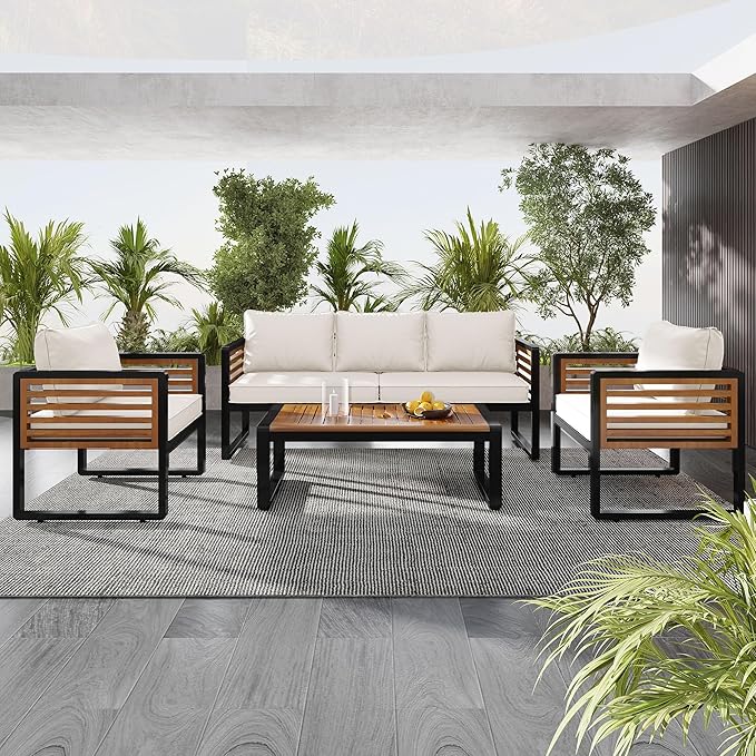 4-Pieces Outdoor Patio Sectional Sofa Set with Coffee Table, All-Weather 5 Person Conversation Set with Thick Cushions and Pillows for Garden Backyard Balcony, Acacia Wood Tabletop (Beige-N74)