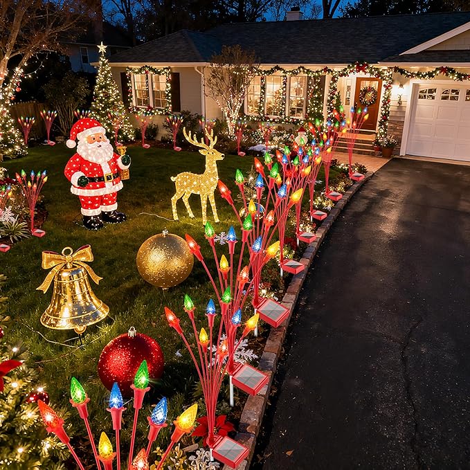 2 Packs Christmas Berry Solar Garden Light with Multiple Colors, Auto ON/Off Solar Lights Outdoor Swaying in The Wind, Christmas Decorating Outdoor Yard Light for Pathway, Pond, Courtyard