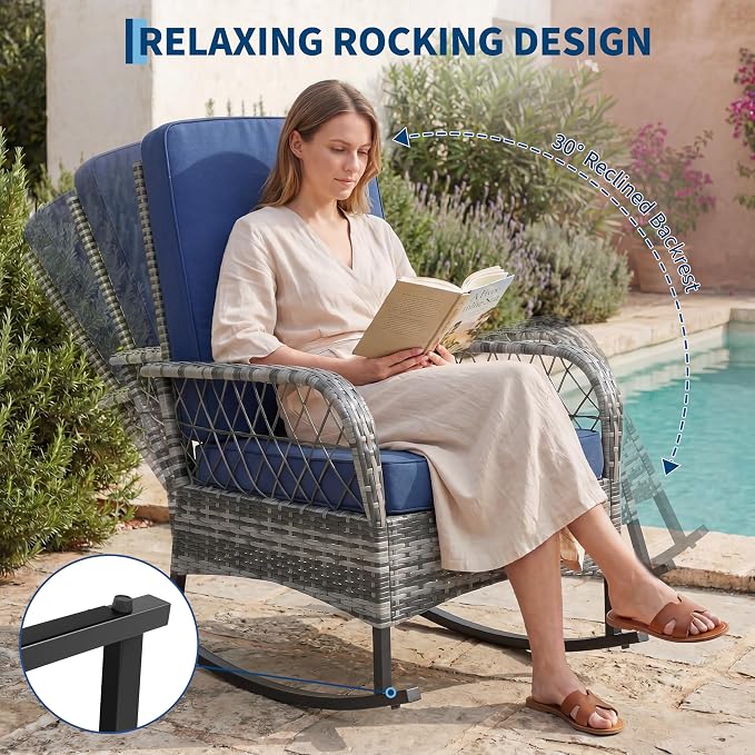 IDEALHOUSE 3 Piece Wicker Patio Rocking Chair Set, Outdoor Rattan Conversation Set with Coffee Table & Grey Cushions, All-Weather Bistro Furniture for Porch Garden and Balcony