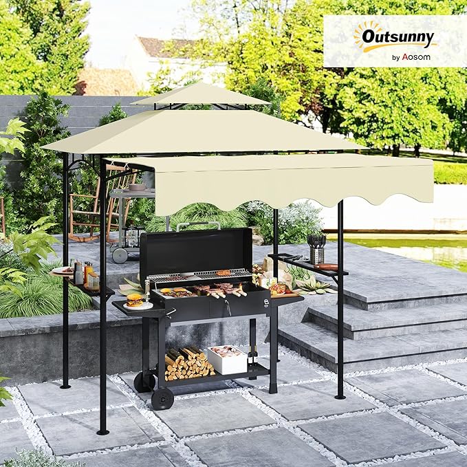 Outsunny 8' x 7.6' Grill Gazebo, Double Tiered Outdoor BBQ Gazebo with Side Awning, 2 Side Shelves and 6 Hooks for Patio, Deck, Yard, Beige