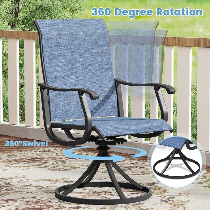 DIFY Outdoor Dining Set for 6, 7 Piece Patio Table and Chairs Set, Swivel Patio Chairs with Blue Textilene & 63" Black Rectangle Metal Dining Table with Umbrella Hole, for Garden Backyard Deck