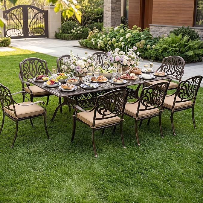 VINGLI 9 Pieces Outdoor Dining Set, Cast Aluminium All-Weather Patio Dining Set for 8 with Umbrella Hole, Outdoor Dining Table and Chairs with Cushion for Yard, Garden, Porch and Poolside, Bronze