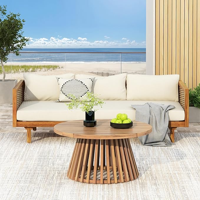 Merax Outdoor Acacia Wood Conversation Set - Patio 3-Seat Loveseat Sofa w/Coushion and Round Coffee Table for Backyard, Lawn, Balcony, Teak+Beige/Light Teak
