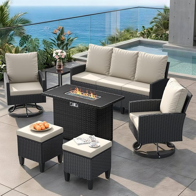 Amopatio Patio Furniture Set with Fire Pit Table,7 Pieces Conversation Sofa with 360° Swivel Chairs, All Weather Wicker Outdoor Furniture for Backyard Garden Pool Deck,Beige
