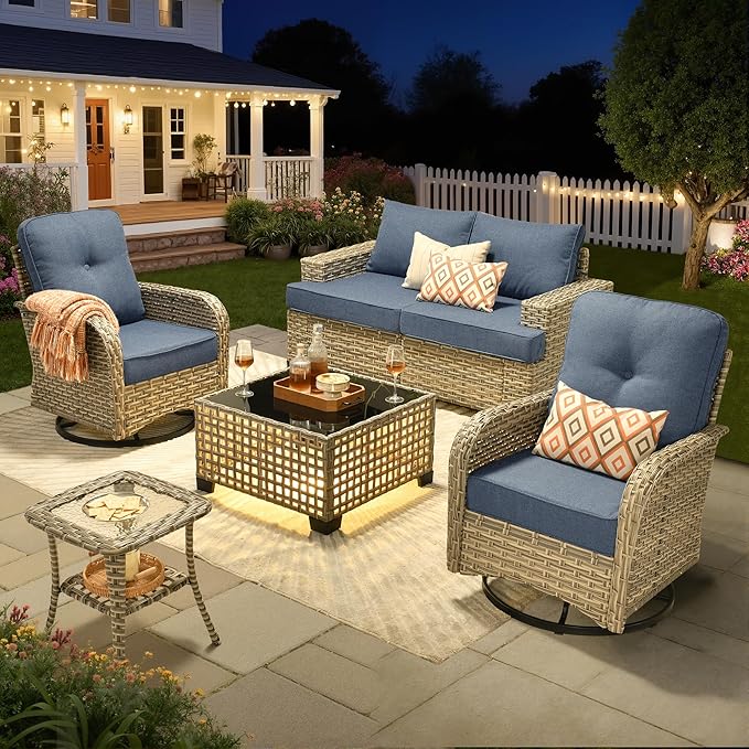Rattan Patio Furniture Set with Swivel Chairs,6 Pieces Outdoor Sectional with Glowing Coffee Table,Out Door Furniture Conversation Set,Denim Blue